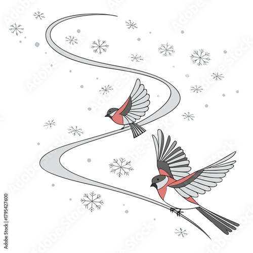 Two charming bullfinches with red breasts fly gracefully through a winter wonderland with falling snowflakes