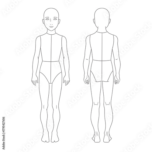Toddler fashion design template featuring young boy body croquis in front and back views. Clean line art illustration perfect for toddler clothing designers, children's fashion sketching