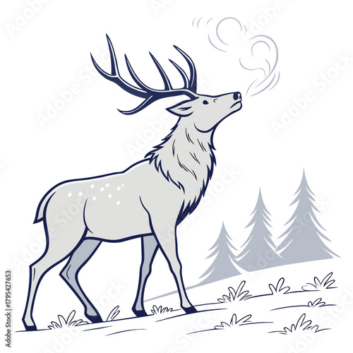 Majestic stag with large antlers exhales steam in a snowy forest landscape illustration