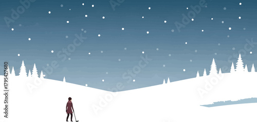 Person shoveling snow in a winter landscape with snow covered hills and trees