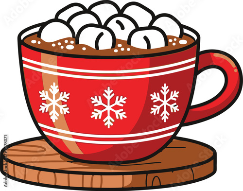 Hot chocolate with marshmallows in a festive mug on a snowy winter background