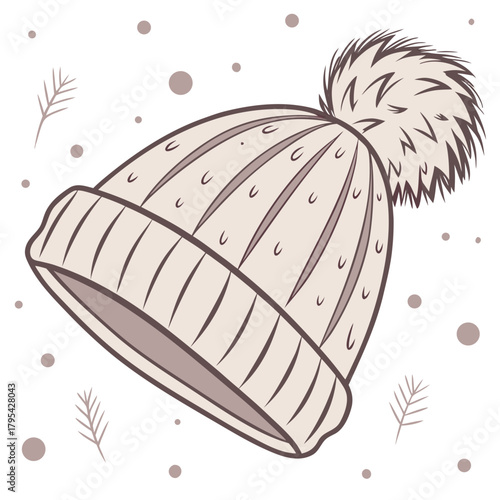 Cozy knitted winter hat with a fluffy pom pom and subtle snow falling around