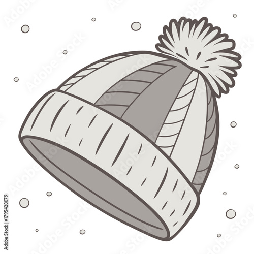 Cozy knitted winter beanie hat with a pom pom falling snowflakes isolated on white background