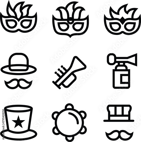 Carnival celebration with masks hats and musical instruments vector illustration