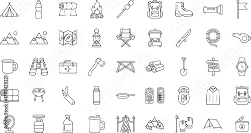Collection of handdrawn camping and hiking icons