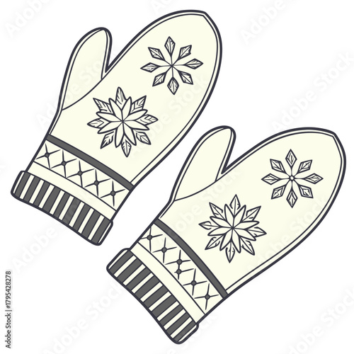 Cozy winter mittens with snowflake patterns and knitted cuffs in a hand drawn style
