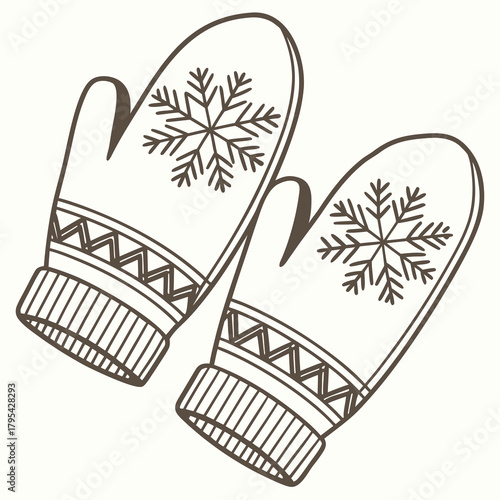 Cozy winter mittens with snowflake pattern and striped cuffs hand drawn illustration on a light background