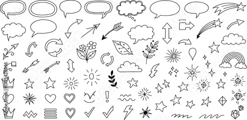 Collection of Simple Line Art Elements Speech Bubbles, Arrows, Stars, and Embellishments for Design