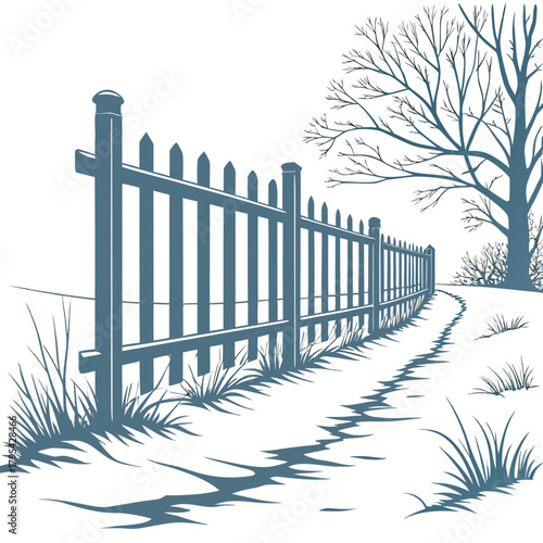 A classic wooden picket fence borders a snowy path leading to a bare tree in winter