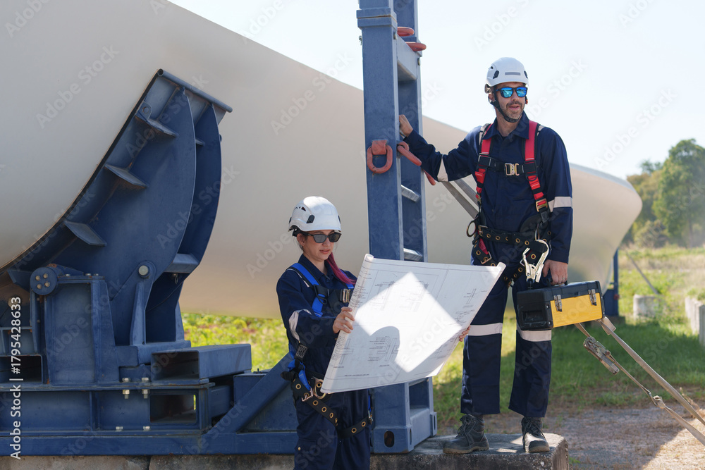 Fototapeta premium Engineers in safety gear conduct a detailed inspection of wind turbine blades at a construction site. Large blades are placed on the ground, highlighting the renewable energy technology.