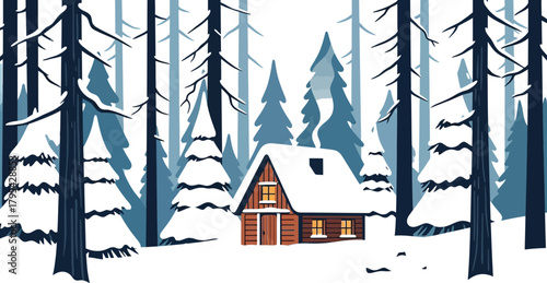 Cozy cabin nestled in a snowy winter forest landscape with tall pine trees 80 char