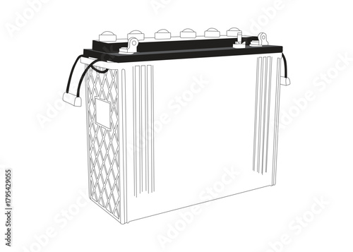 Detailed line art illustration of a car battery with terminals, cables, and power symbol.
Perfect for automotive manuals, technical guides, engineering diagrams, and battery-related projects.
