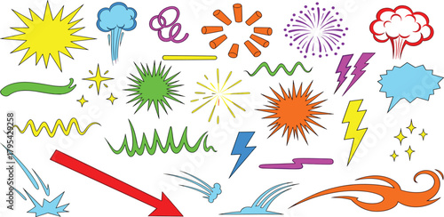 Set of colorful hand-drawn cartoon and comic book design elements, including explosions, speech bubbles, and action lines