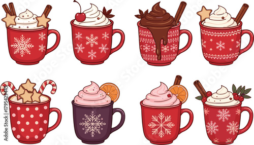 Cute Vector Set of Festive Holiday Hot Drinks: Mugs of Hot Chocolate or Coffee Topped with Whipped Cream, Cinnamon Sticks, and Candy Canes, Ideal for Christmas and Winter