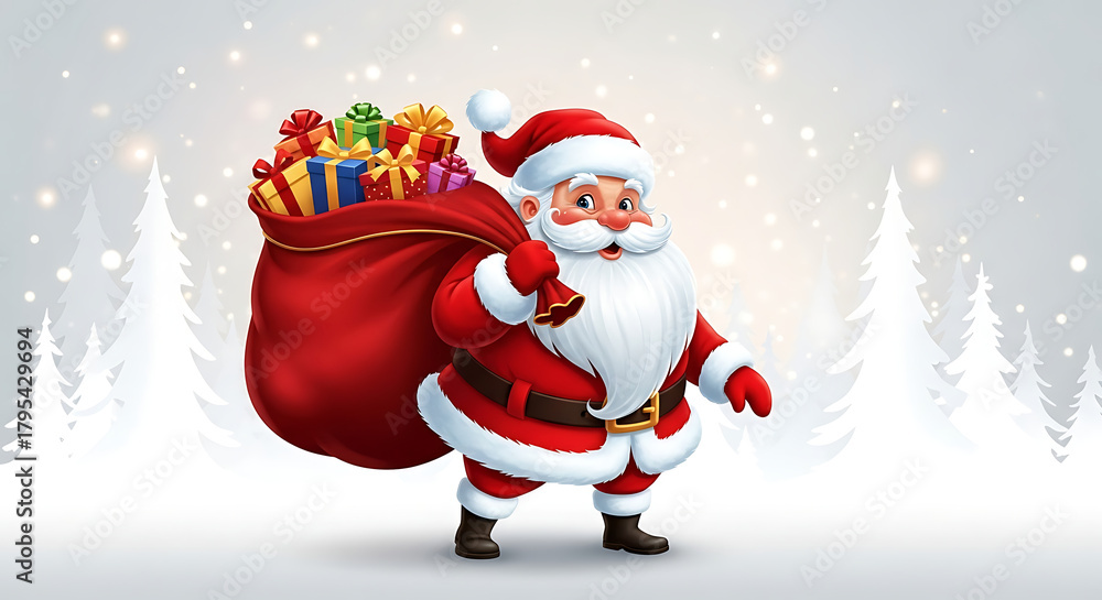 Fototapeta premium Festive Santa Claus Carrying a Sack Full of Gifts in a Snowy Winter Wonderland