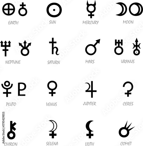 Black vector symbols of planets and astrological objects such as Earth, Sun, Mercury, Moon, Neptune, Saturn, Mars, Uranus, Pluto, Venus, Jupiter, Ceres, Chiron, Selena, Lilith, and a comet.