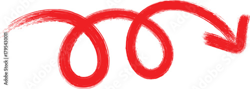 Hand drawn red spiral arrow pointing to the right isolated on transparent background