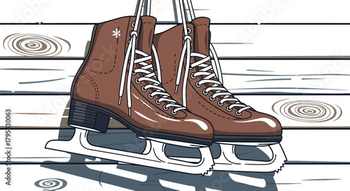 Pair of brown ice skates hanging against a wooden wall with snowflake details
