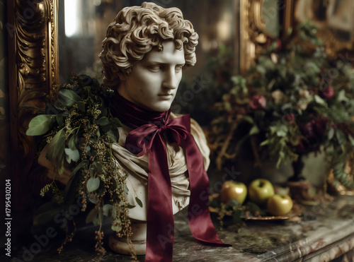 Classic marble bust with burgundy satin ribbon bow, draped greenery on antique marble mantlepiece with gold framed mirror and apples, baroque luxury, dark moody aesthetic.