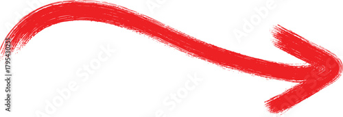 Hand drawn red curved arrow pointing right isolated on transparent background