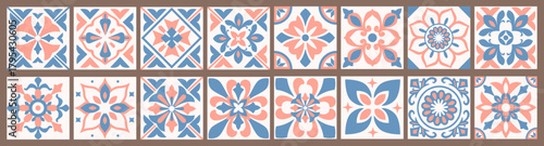 A decorative set of botanical tile patterns with structured symmetry and classic floral composition for elegant creative work.