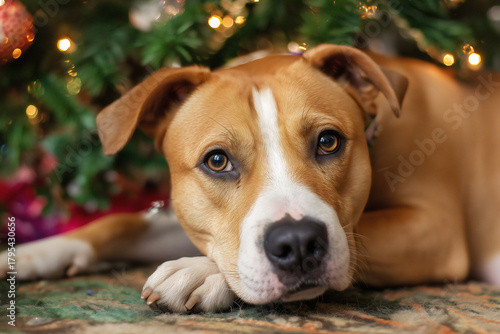 Brown and white pit bull terrier dog with soulful eyes lying peacefully by a softly illuminated Christmas tree on a cozy rug in a home interior.