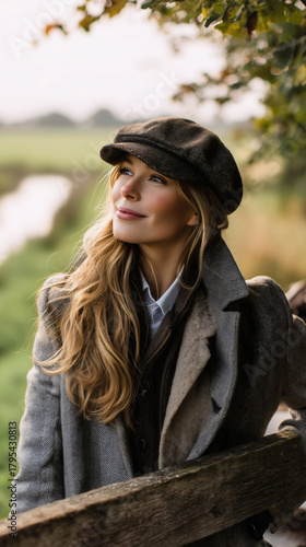 Woman in english tweed flat cap and long country coat walking away on a rustic path in the british countryside, heritage fashion and a peaceful outdoor lifestyle.