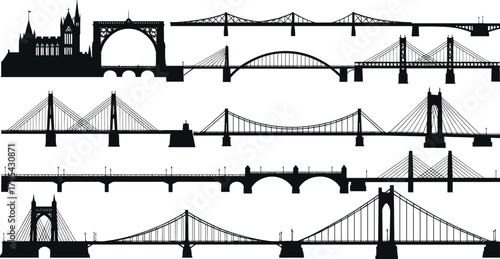 Bridge silhouettes, iconic structures, suspension bridge, cable-stayed bridge, truss bridge, arch bridge, skyline elements, architectural landmarks, engineering design, vector illustration