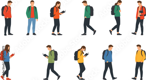 Vector Flat Illustration Set of University and College Students: Diverse Male and Female Characters Wearing Backpacks, Walking, Standing, and Reading Books, Representing Education and Youth