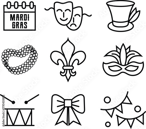 Mardi Gras Icon Set Featuring Masks Beads and Celebration Symbols