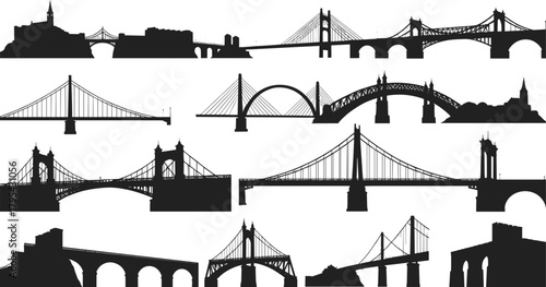 Bridge silhouettes, famous architecture, suspension bridge, arch bridge, cable-stayed bridge, skyline landmarks, engineering design, global structures, urban icons, black shapes
