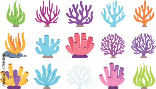 Large Colorful Vector Set of Underwater Coral Reef Elements: Flat Cartoon Illustrations of Seaweed, Anemones, Sea Sponges, and Branching Coral for Aquarium and Marine Designs