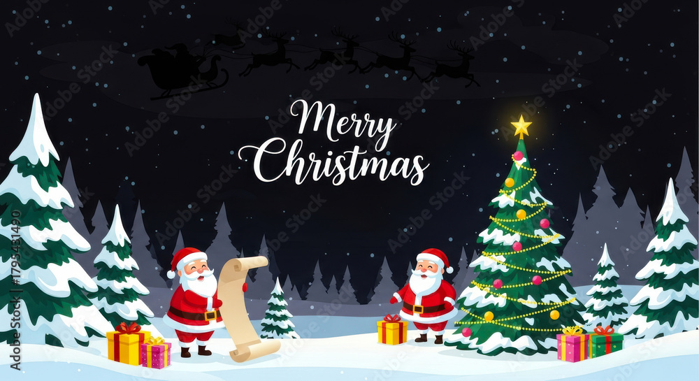 Fototapeta premium Santa claus characters checking a long wish list near a decorated christmas tree in a snowy forest at night