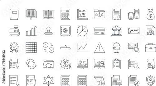 Set of sketchy business and finance icons including documents, money, and analytics