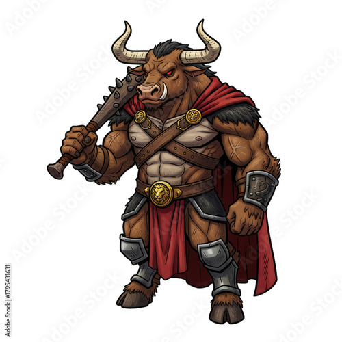 Mighty Minotaur Warrior Wearing Red Cape and Holding Club Fantasy Character Artwork Detailed Muscles Ferocious Expression