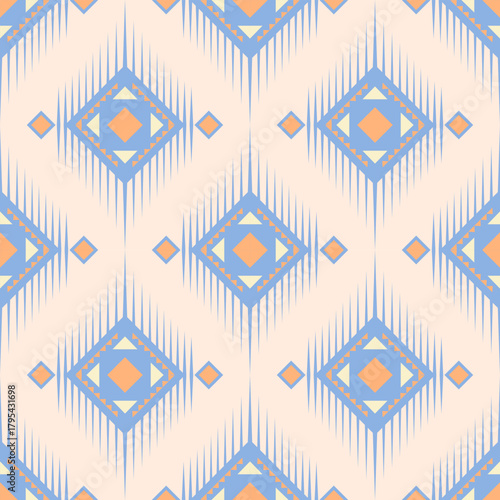 A soft tribal geometric pattern featuring blue and peach diamond motifs. Perfect for textiles, wallpapers, wrapping paper, and modern decorative design projects.