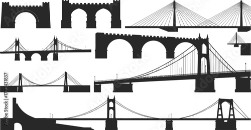 Bridge silhouettes, suspension bridge, arch bridge, cable-stayed bridge, beam bridge, black vector, engineering, architecture, construction, infrastructure, illustration, design, civil