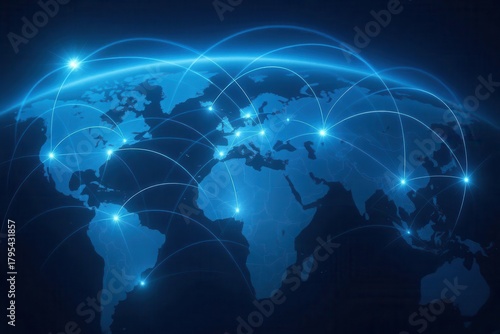 Global Cloud Connection: A translucent world map with luminous data points connected by light beams from orbit
