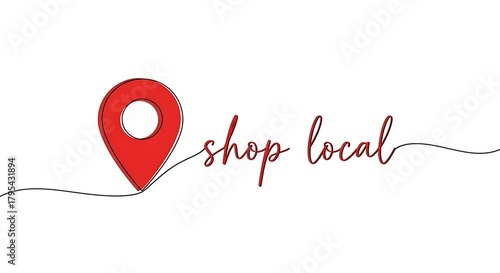 Shop local continuous line art with red map pin icon; supporting local businesses