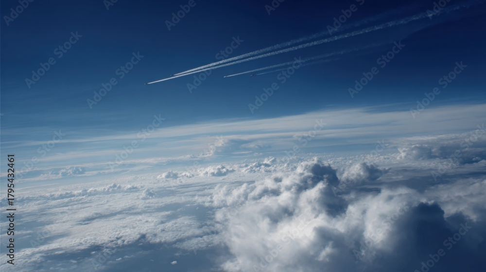 Fototapeta premium Airplane jet streams high above fluffy white clouds. Aerial view from aircraft window. Travel, transportation, freedom concept. Sky background. Fast plane flight. Airplanes hurry fly.