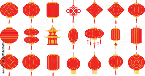 Large Vector Collection of Traditional Chinese Red Lanterns: Flat Icons of Various Shapes, Including Spherical, Rectangular, and Diamond, with Decorative Knot and Pagoda Symbols