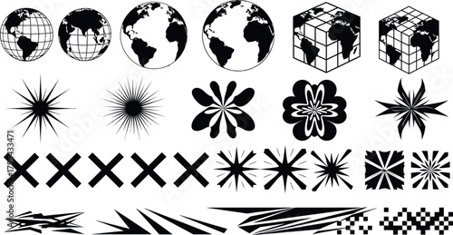 Abstract black and white graphic elements featuring earth globes geometric shapes and textures
