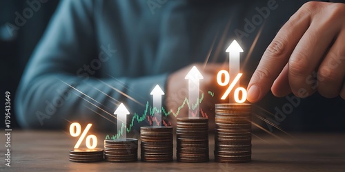 Stacked coins with glowing percentage symbols and upward arrows represent interest rate increase, investment growth, dividends, financial profit, and rising returns on deposits