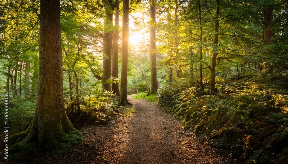 Obraz premium serene woodland path bathed in golden sunlight a mystical journey through a verdant forest