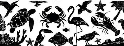 Collection of black silhouette marine life and tropical birds against white background