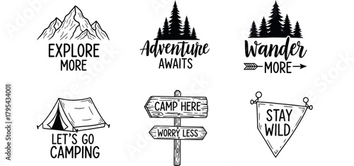 Hand drawn vintage outdoor adventure and camping icons with motivational quotes