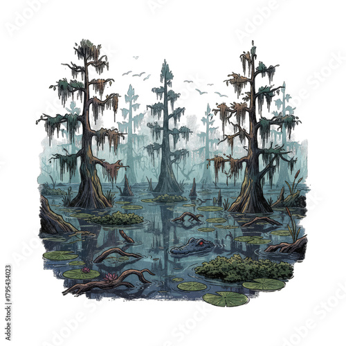 Misty Swamp Landscape With Cypress Trees Alligators And Spanish Moss In The Foreground And Background Detailed Pixel Art Illustration