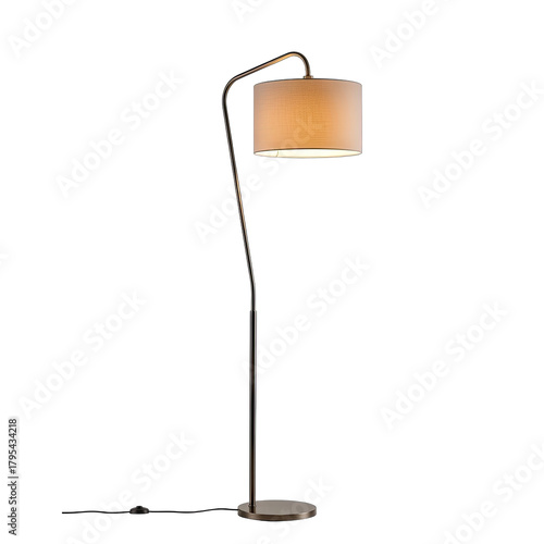 Modern Arc Floor Lamp With Beige Drum Shade Illuminated Warm Light Standing On A Transparent Background