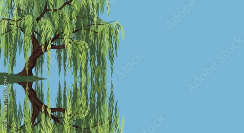 Serene Willow Tree Reflection Scene with Tranquil Water and Pastel Sky Backdrop