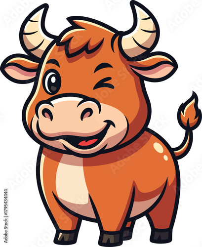 A charming cartoon bull character with brown fur winking one eye and smiling happily.